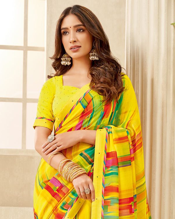 Vishal Prints Pastel Yellow Printed Georgette Saree With Fancy Border