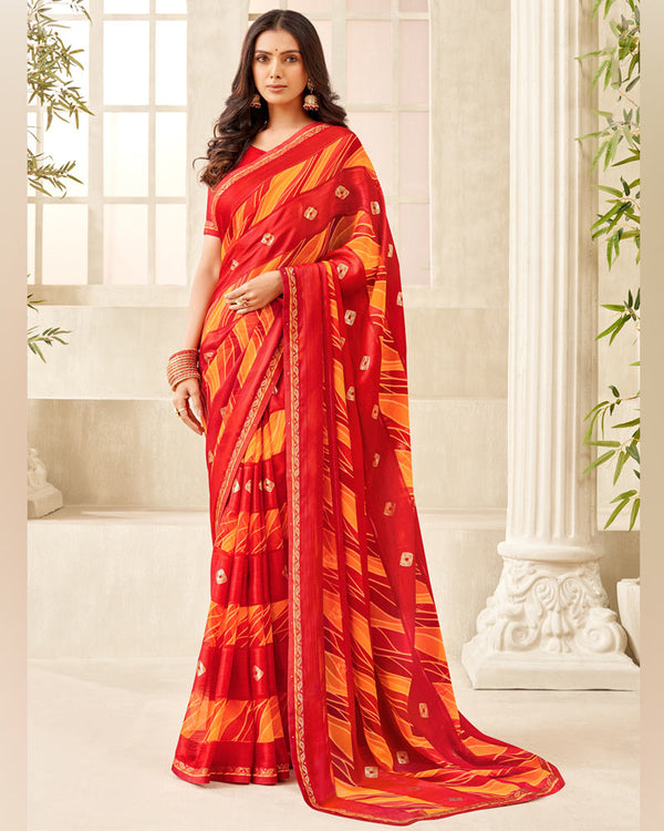 Vishal Prints Cherry Red Printed Chiffon Saree With Foil Print And Fancy Border