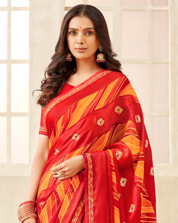 Vishal Prints Cherry Red Printed Chiffon Saree With Foil Print And Fancy Border