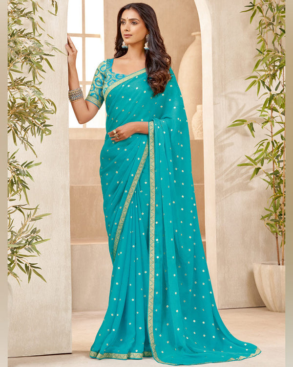 Vishal Prints Dark Turquoise Blue Printed Chiffon Saree With Foil Print And Zari Border