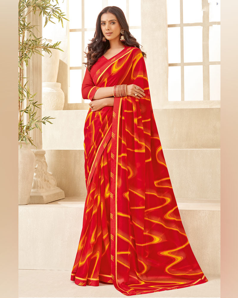 Vishal Prints Dark Red Printed Georgette Saree With Fancy Border