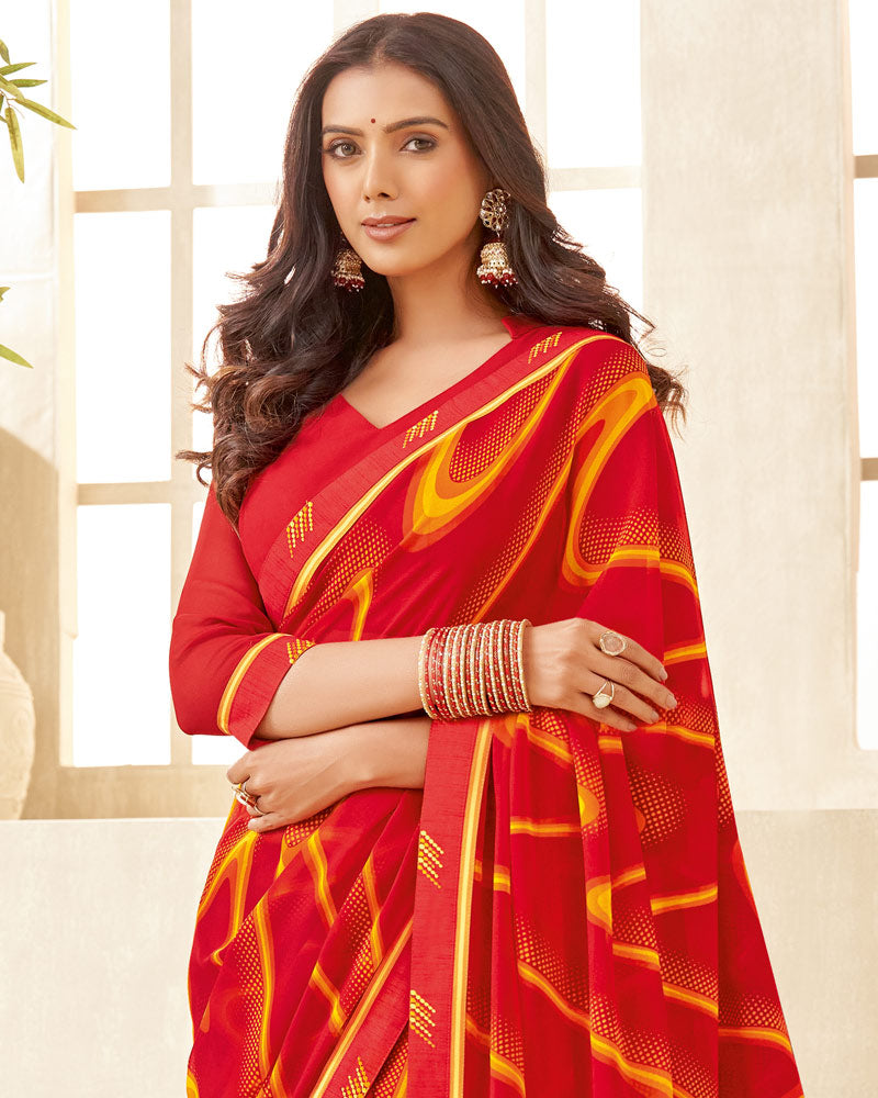 Vishal Prints Dark Red Printed Georgette Saree With Fancy Border