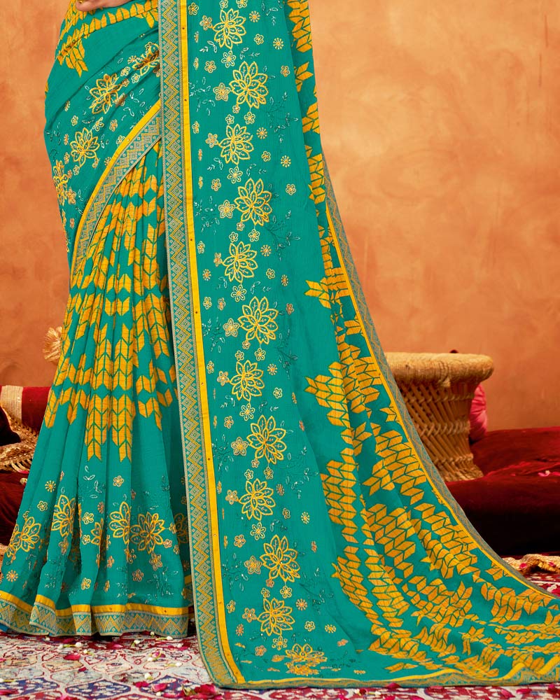 Vishal Prints Teal Green Chiffon Saree With Embroidery Work And Zari Border