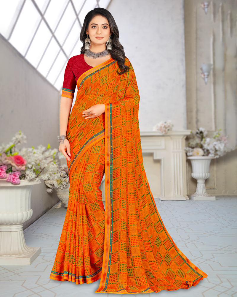 Vishal Prints Orange Printed Brasso Saree With Border