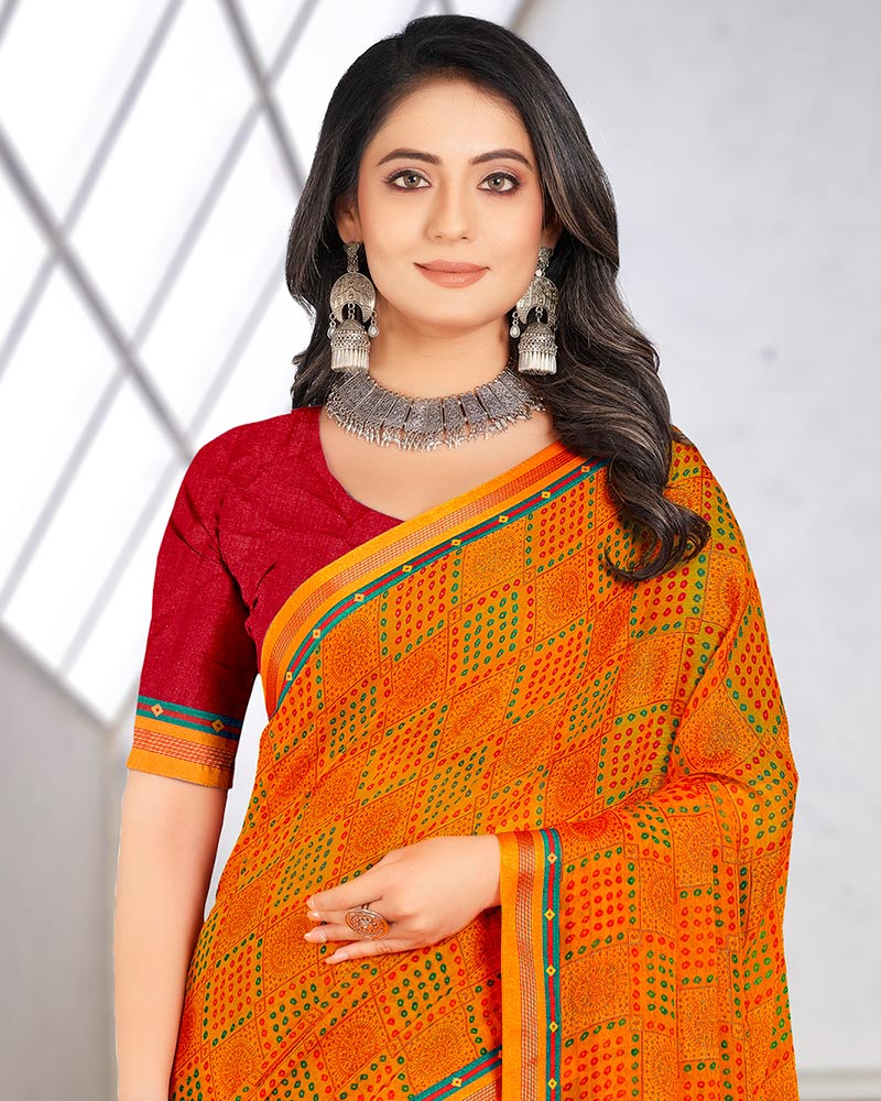 Vishal Prints Orange Printed Brasso Saree With Border