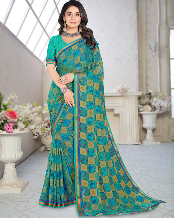 Vishal Prints Aqua Green Printed Brasso Saree With Border