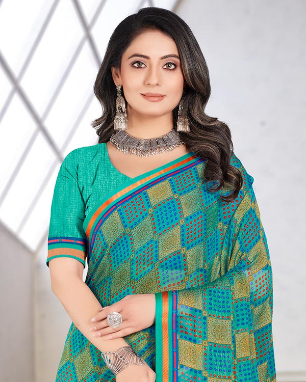 Vishal Prints Aqua Green Printed Brasso Saree With Border