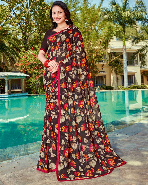 Vishal Prints Brown And Orange Printed Georgette Saree With Piping