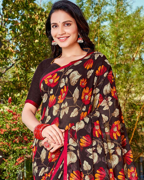 Vishal Prints Brown And Orange Printed Georgette Saree With Piping