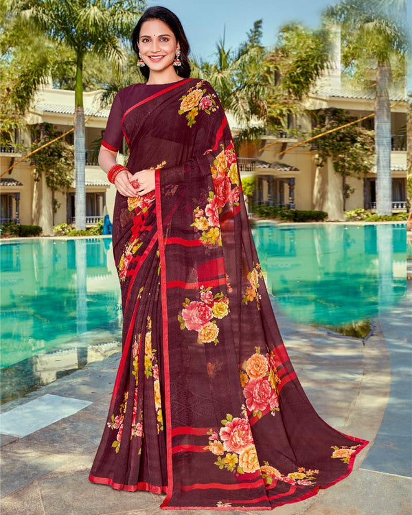 Vishal Prints Wine Printed Georgette Saree With Piping