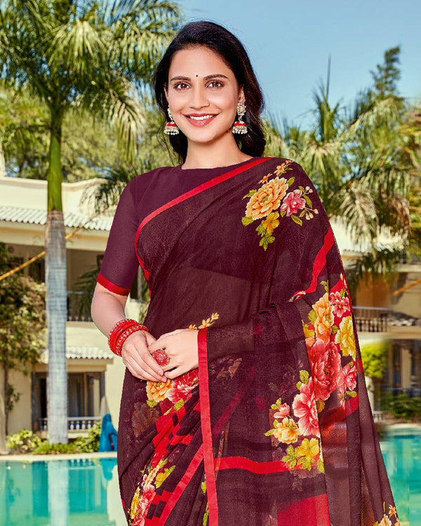 Vishal Prints Wine Printed Georgette Saree With Piping