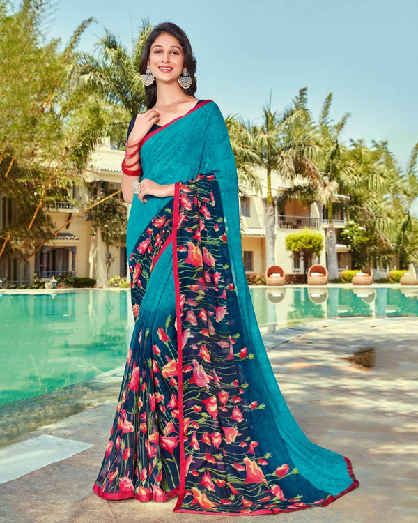 Vishal Prints Teal Blue Printed Georgette Saree With Piping