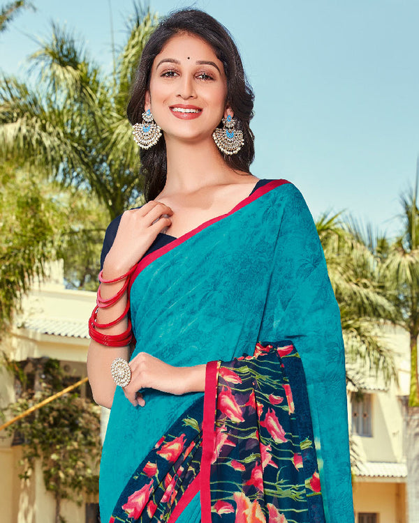 Vishal Prints Teal Blue Printed Georgette Saree With Piping