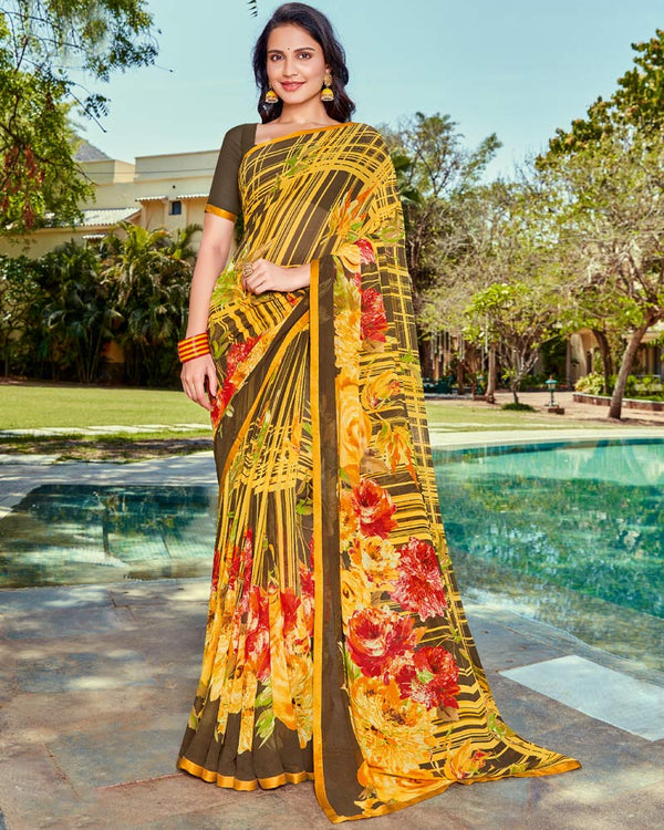 Vishal Prints Yellow Printed Georgette Saree With Piping