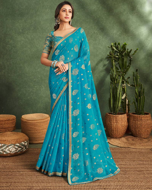 Vishal Prints Wedgewood Blue Printed Chiffon Saree With Foil Print And Zari Border