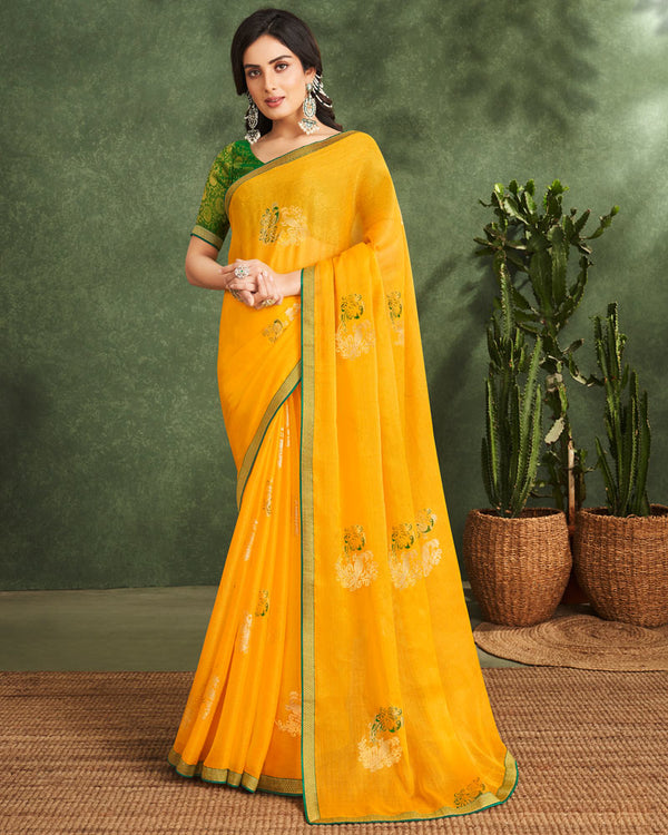 Vishal Prints Dark Yellow Printed Chiffon Saree With Foil Print And Zari Border