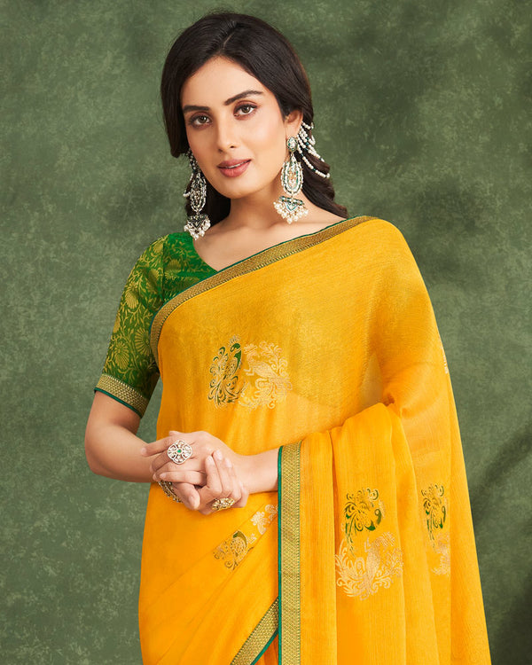 Vishal Prints Dark Yellow Printed Chiffon Saree With Foil Print And Zari Border