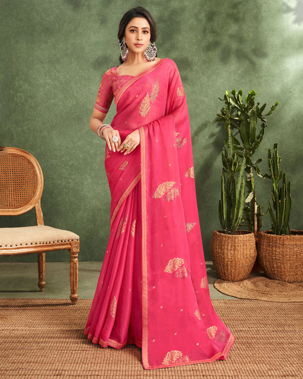 Vishal Prints Mandy Pink Printed Chiffon Saree With Foil Print And Zari Border