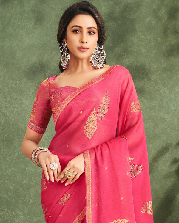 Vishal Prints Mandy Pink Printed Chiffon Saree With Foil Print And Zari Border