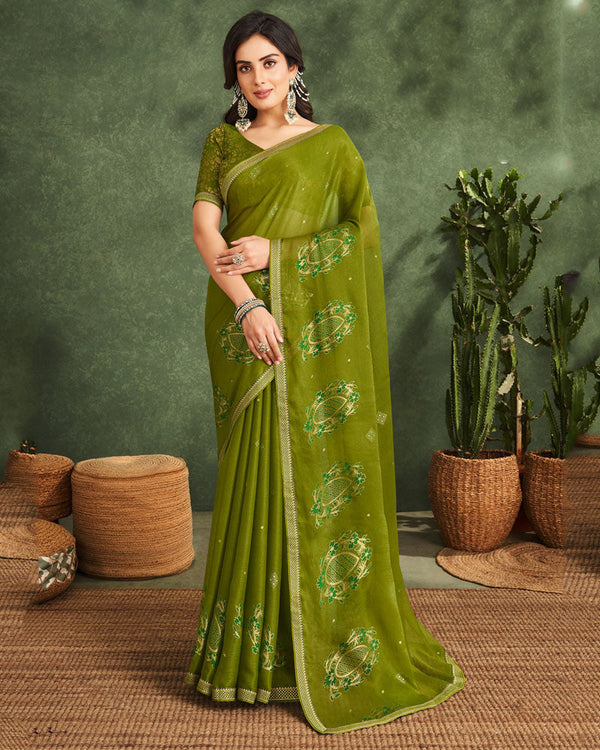 Vishal Prints Mehandi Green Printed Chiffon Saree With Foil Print And Zari Border