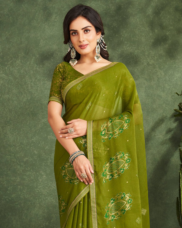 Vishal Prints Mehandi Green Printed Chiffon Saree With Foil Print And Zari Border