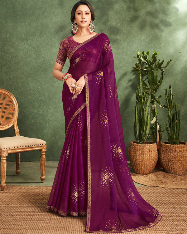 Vishal Prints Wine Printed Chiffon Saree With Foil Print And Zari Border