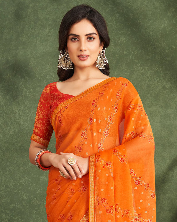 Vishal Prints Orange Printed Chiffon Saree With Foil Print And Zari Border