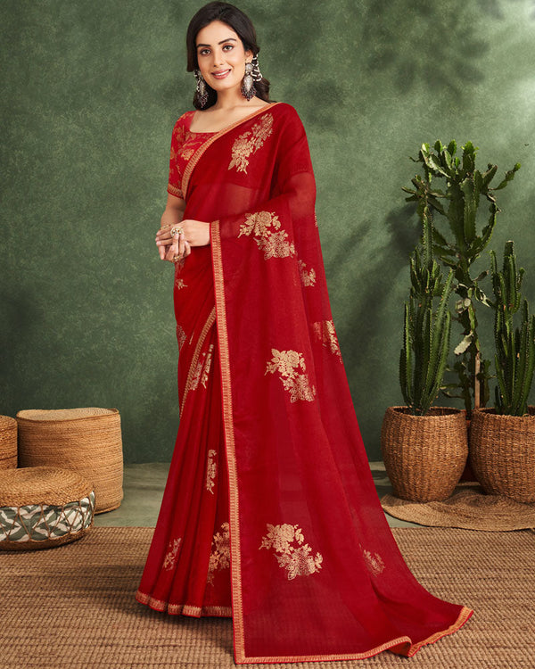 Vishal Prints Cherry Red Printed Chiffon Saree With Foil Print And Zari Border