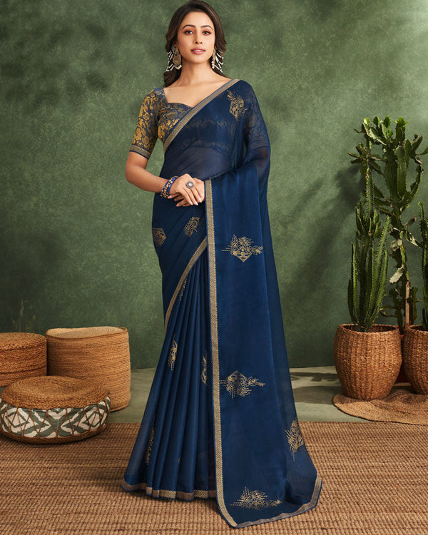 Vishal Prints Navy Blue Printed Chiffon Saree With Foil Print And Zari Border