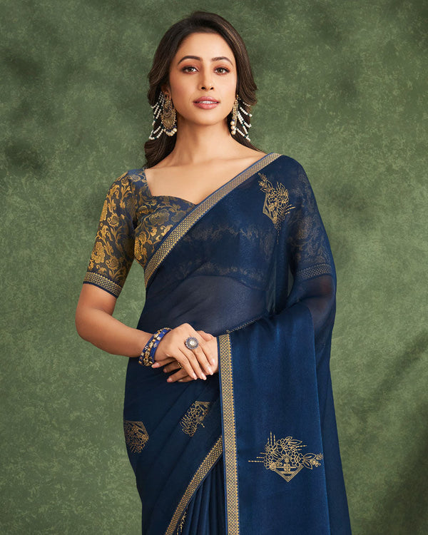 Vishal Prints Navy Blue Printed Chiffon Saree With Foil Print And Zari Border