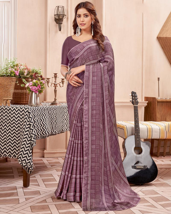 Vishal Prints Wine Printed Fancy Chiffon Saree With Core Piping