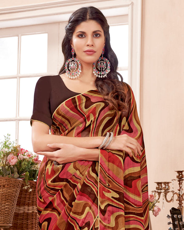 Vishal Prints Brown Printed Fancy Chiffon Saree With Core Piping