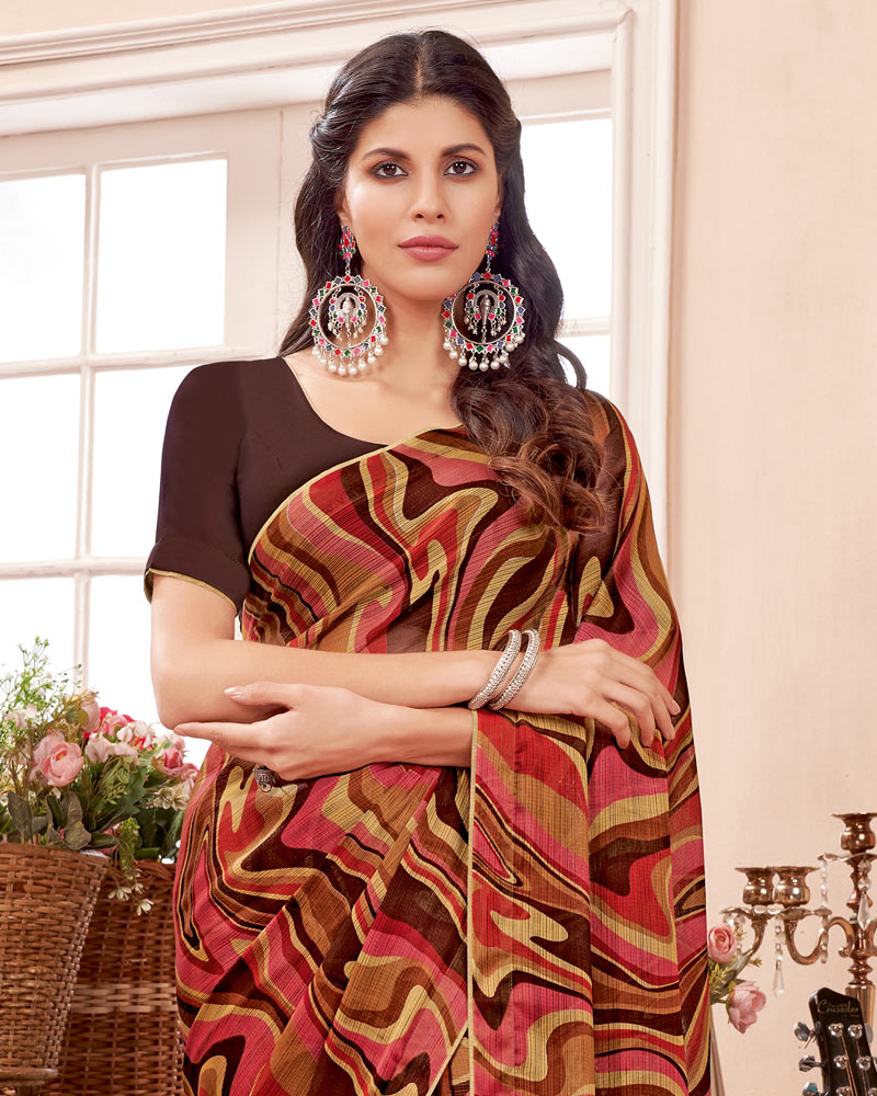 Vishal Prints Brown Printed Fancy Chiffon Saree With Core Piping