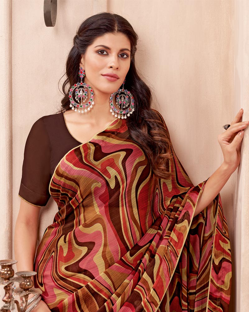 Vishal Prints Brown Printed Fancy Chiffon Saree With Core Piping