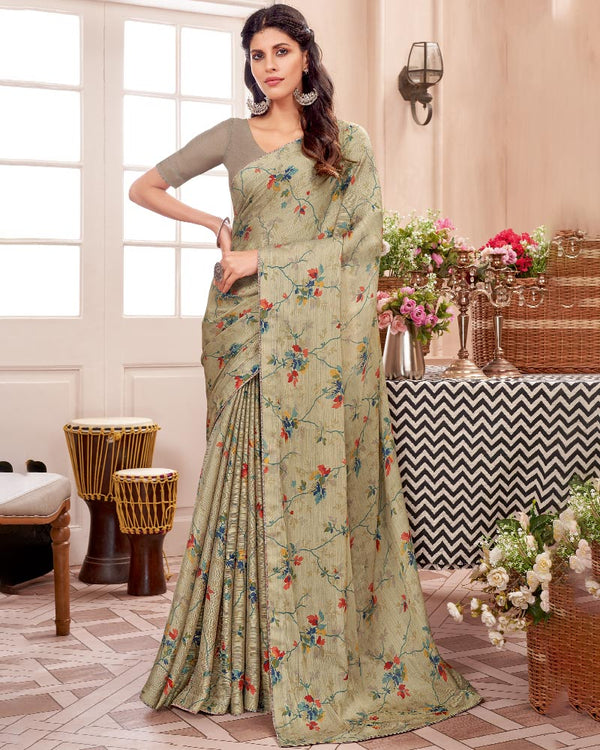 Vishal Prints Sand Grey Printed Fancy Chiffon Saree With Core Piping