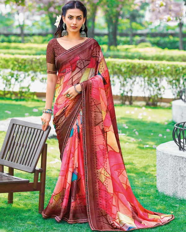 Vishal Prints Brown Printed Fancy Chiffon Saree With Border