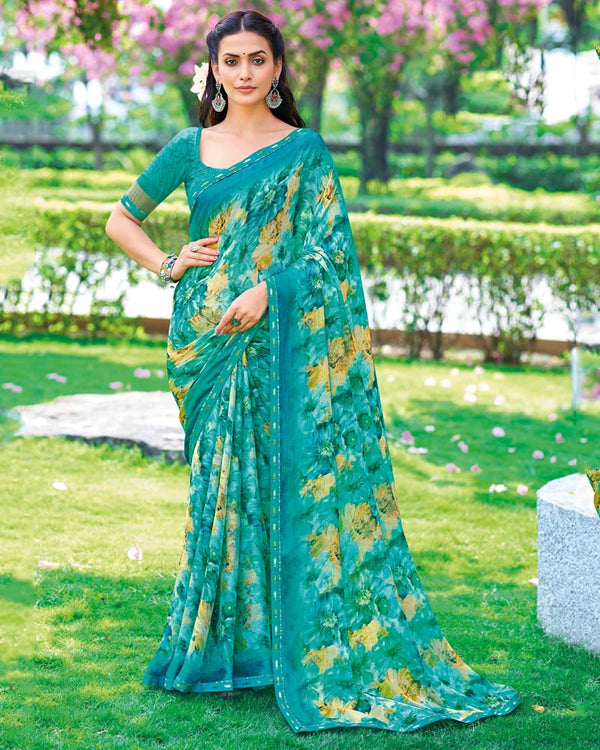 Vishal Prints Teal Green Printed Fancy Chiffon Saree With Border