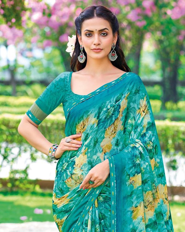 Vishal Prints Teal Green Printed Fancy Chiffon Saree With Border