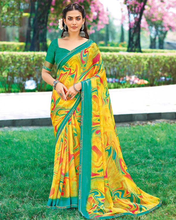 Vishal Prints Aqua Green Printed Fancy Chiffon Saree With Border