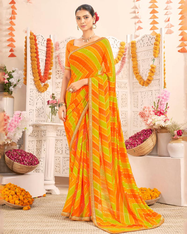 Vishal Prints Dark Orange Printed Weightless Georgette Saree With Foil Print And Zari Border