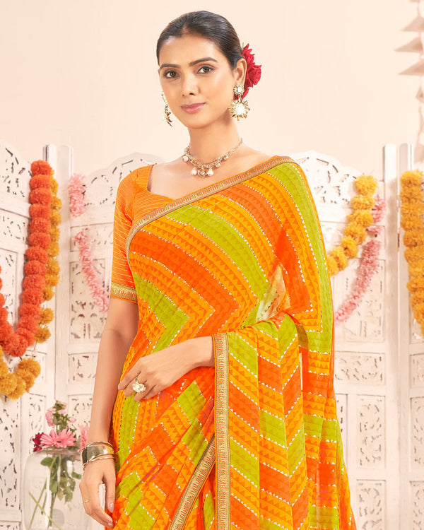 Vishal Prints Dark Orange Printed Weightless Georgette Saree With Foil Print And Zari Border