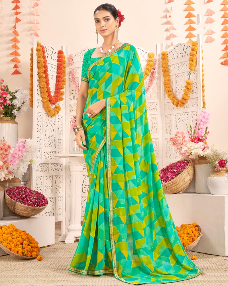 Vishal Prints Dark Mint Green Printed Weightless Georgette Saree With Foil Print And Zari Border