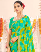 Vishal Prints Dark Mint Green Printed Weightless Georgette Saree With Foil Print And Zari Border