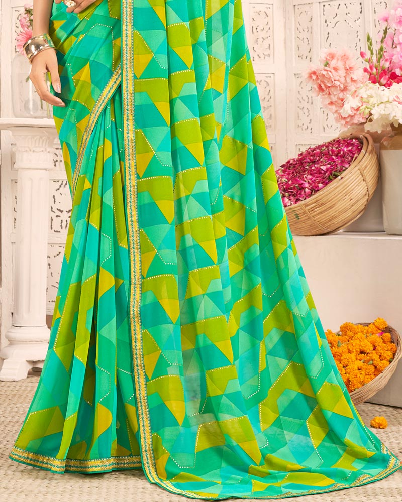 Vishal Prints Dark Mint Green Printed Weightless Georgette Saree With Foil Print And Zari Border