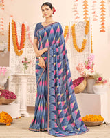 Vishal Prints Greyish Blue Printed Weightless Georgette Saree With Foil Print And Zari Border