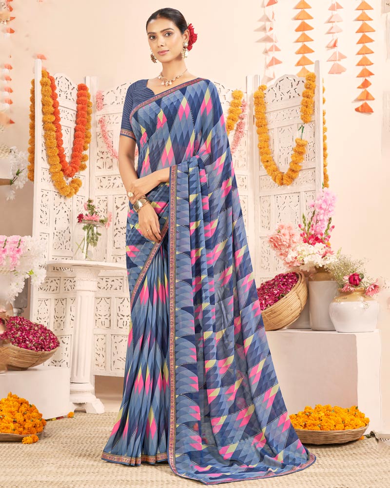 Vishal Prints Greyish Blue Printed Weightless Georgette Saree With Foil Print And Zari Border