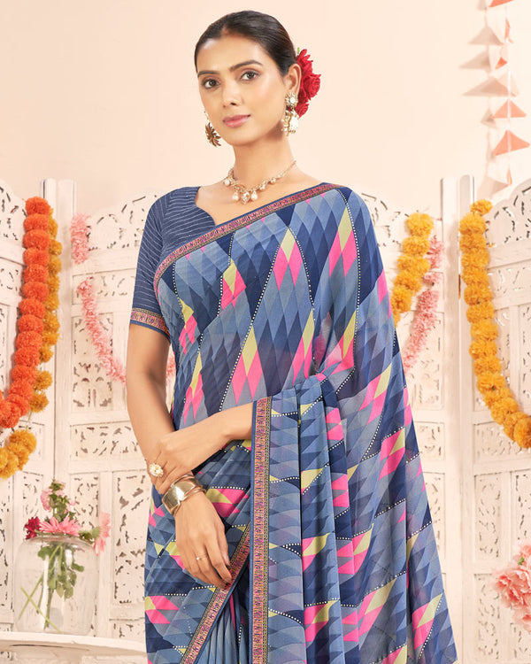 Vishal Prints Greyish Blue Printed Weightless Georgette Saree With Foil Print And Zari Border