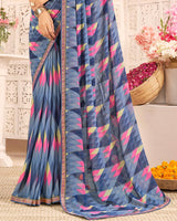 Vishal Prints Greyish Blue Printed Weightless Georgette Saree With Foil Print And Zari Border