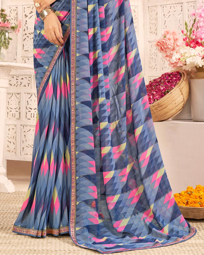 Vishal Prints Greyish Blue Printed Weightless Georgette Saree With Foil Print And Zari Border