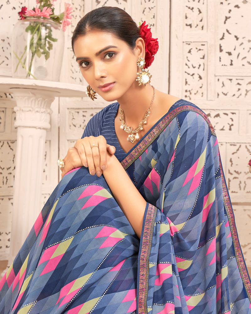 Vishal Prints Greyish Blue Printed Weightless Georgette Saree With Foil Print And Zari Border